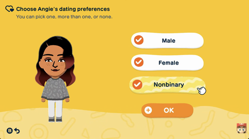 screenshot of the Tomodachi Life Living the Dream nintendo direct showcasing how a character can choose one, multiple, or none dating preferences
